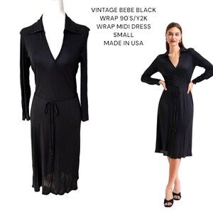 Y2K‎ 90'S STYLE VINTAGE BEBE BLACK SLIP MIDI WRAP DRESS SMALL MADE IN USA